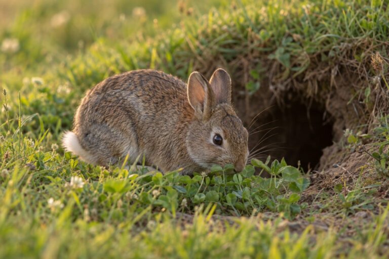 Un lapin de garenne en gros plan, se nourrissant dans son terrier ou à l'entrée, montrant ses oreilles courtes et sa queue blanche