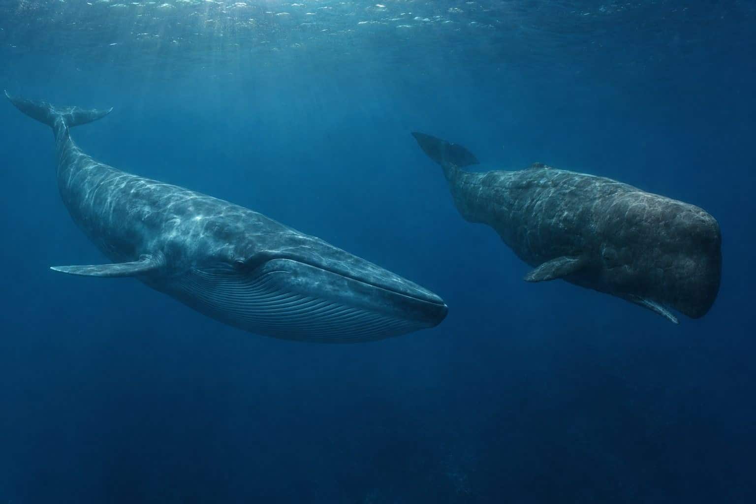Comparaison anatomique d'une baleine à fanons et d'un cachalot côte à côte, mettant en évidence leurs différences de structure faciale et de taille