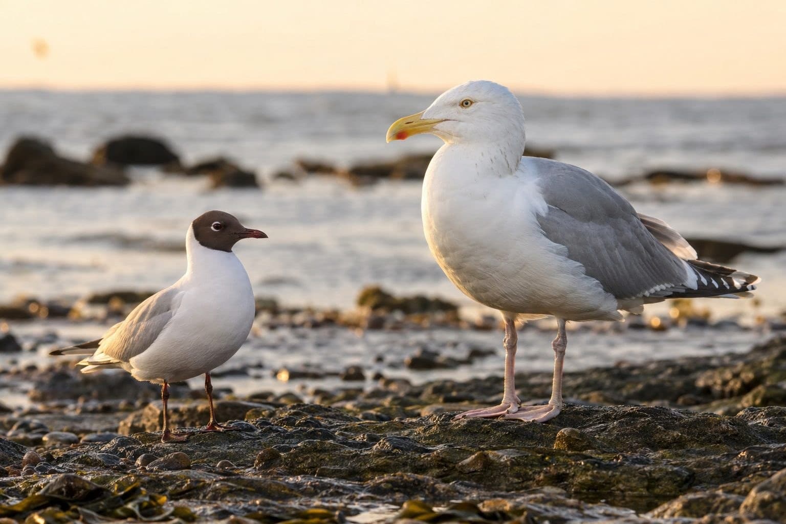Comparaison rapprochée d'une mouette rieuse et d'un goéland argenté en période de reproduction, montrant leurs différences de plumage et de coloration
