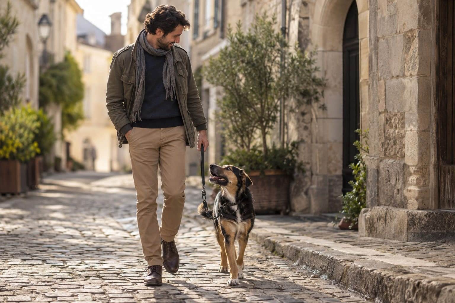 Un homme et son chien marchant ensemble dans une rue pavée du centre-ville français, vue de trois-quarts