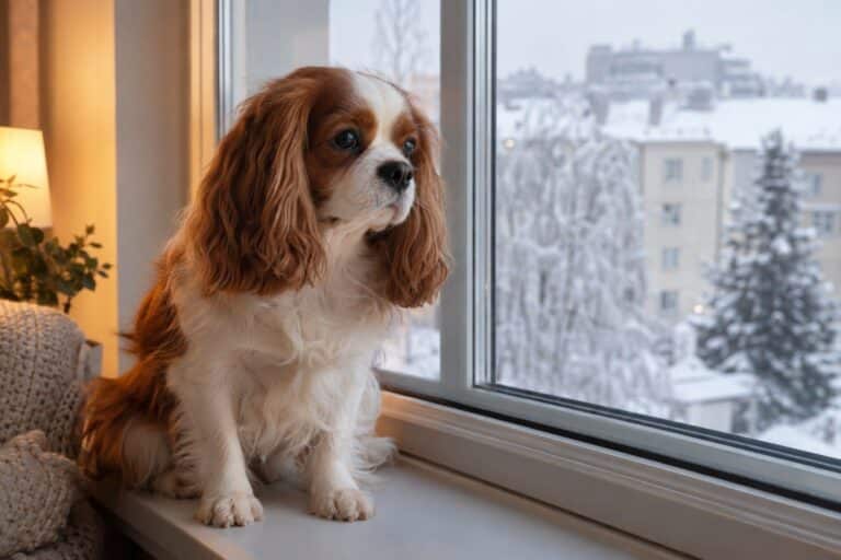 Un petit chien calme et silencieux assis près d'une fenêtre d'immeuble en hiver, symbolisant la discrétion et la tranquillité dans un environnement urbain fermé