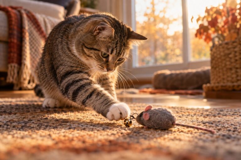 Chat jouant avec une souris jouet à grelot, en gros plan sur le danger des petites pièces détachables