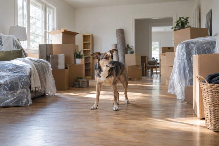 Un chien de taille moyenne stressé et désorienté au milieu de cartons de déménagement dans un salon vide, avec des meubles partiellement emballés