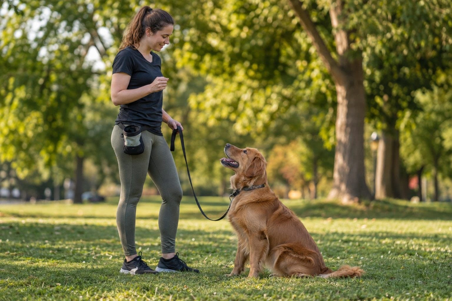 Un maître entraînant son chien (Canis familiaris) en extérieur avec des accessoires d'éducation