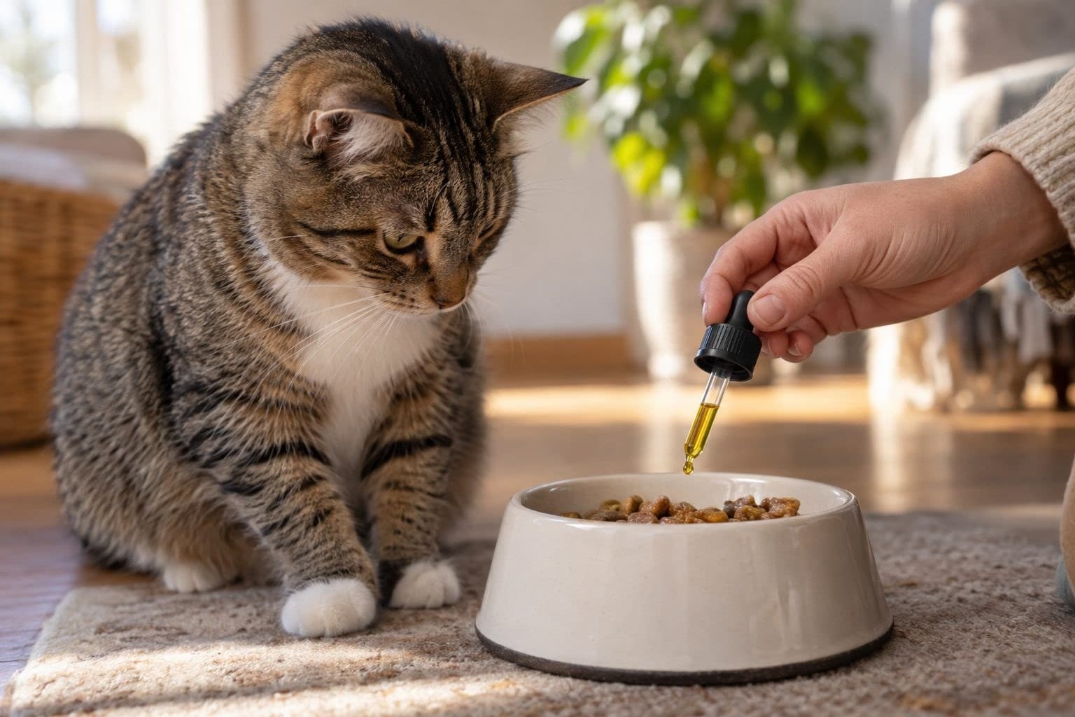 Chat domestique recevant de l'huile de CBD administrée par gouttes dans sa gamelle