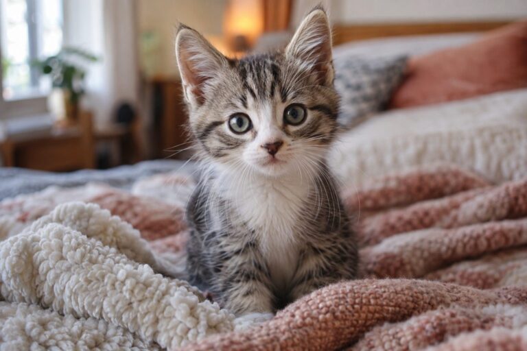 Un chaton vulnérable en gros plan, assis sur un lit douillet, regardant vers la caméra avec une expression innocente et curieuse