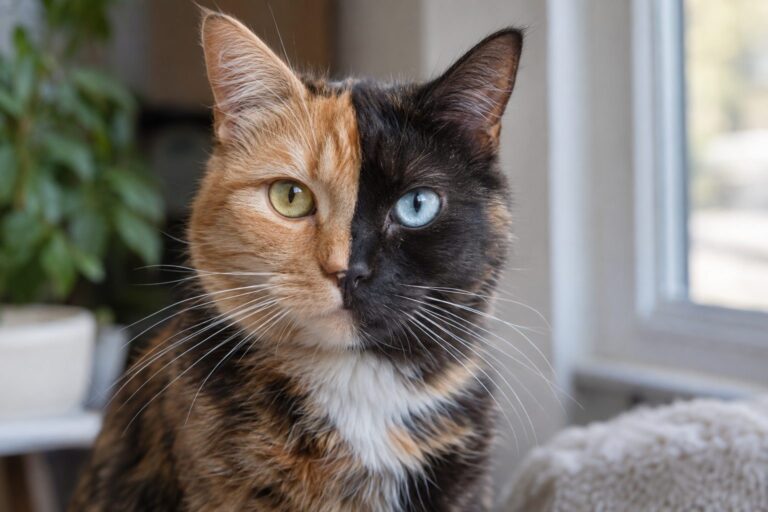 Portrait d'un chat chimère avec sa face bicolore caractéristique, moitié orange et moitié noire