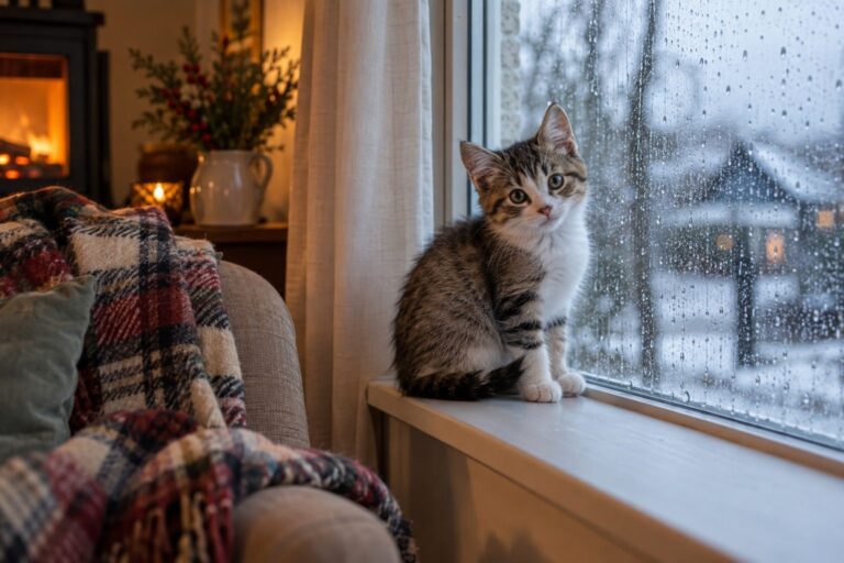 Un chaton joueur assis près d'une fenêtre humide par la pluie hivernale, avec un plaid confortable visible en arrière-plan dans un intérieur cosy