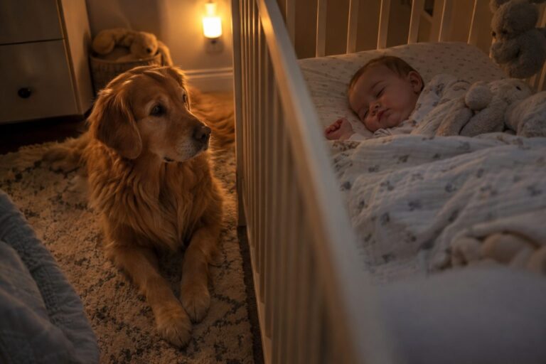 Un bébé endormi la nuit avec un chien de race Golden Retriever couché protecteur à proximité immédiate, dans une chambre faiblement éclairée par la lumière douce d'une veilleuse