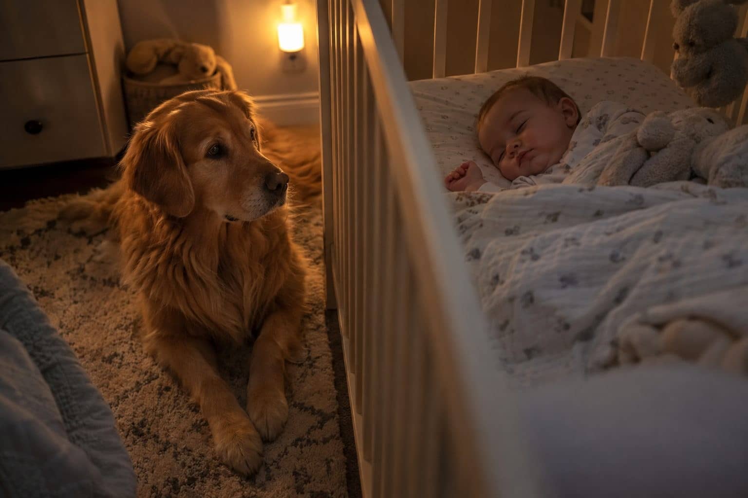 Un bébé endormi la nuit avec un chien de race Golden Retriever couché protecteur à proximité immédiate, dans une chambre faiblement éclairée par la lumière douce d'une veilleuse