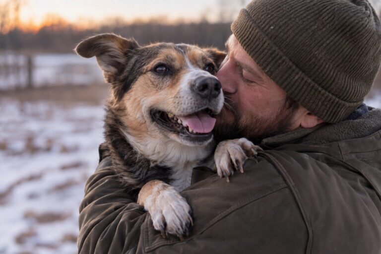 Un chien de race mixte aux yeux expressifs, émouvant, dans les bras de son maître retrouvé après une longue séparation, moment de retrouvailles chargé d'émotion