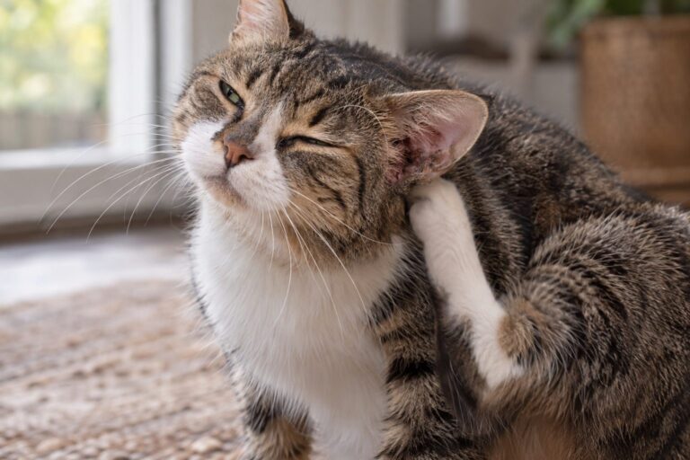 Chat domestique se grattant intensément l'oreille avec sa patte arrière, montrant des signes de gale auriculaire