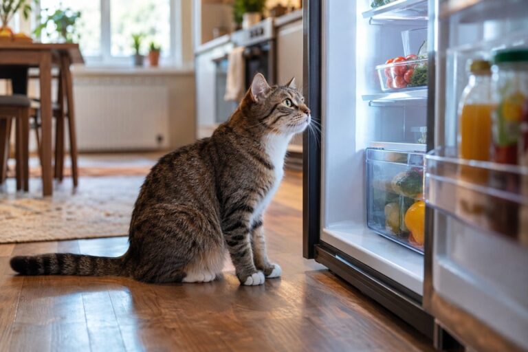 Chat domestique observant l'intérieur du réfrigérateur ouvert avec intensité, assis au sol devant la porte