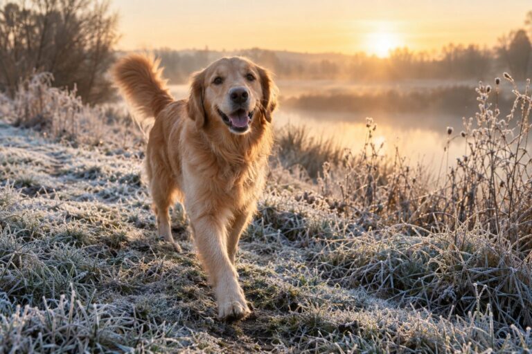 Un chien heureux en balade hivernale matinale, queue en mouvement, dans un paysage givre