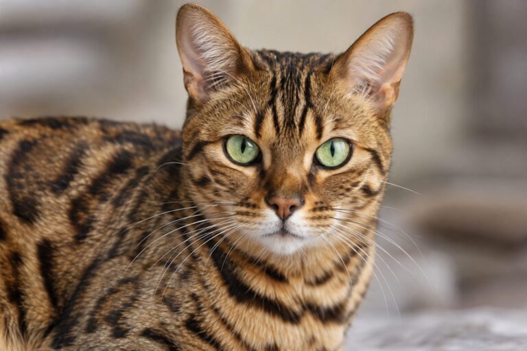 Suki le chat Bengal en gros plan, mettant en avant ses yeux verts intenses et ses markings tigré caractéristiques