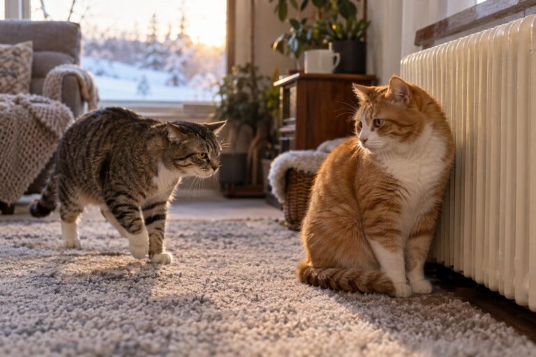 Deux chats domestiques en interaction près d'un radiateur pendant l'hiver, illustrant les tensions et rivalités possibles