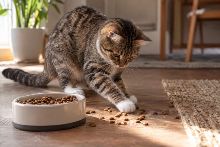 Un chat domestique (Felis catus) en gros plan, accroupi près de sa gamelle, effectuant des mouvements de grattage avec ses pattes avant sur le sol autour de la nourriture, avec une expression concentrée