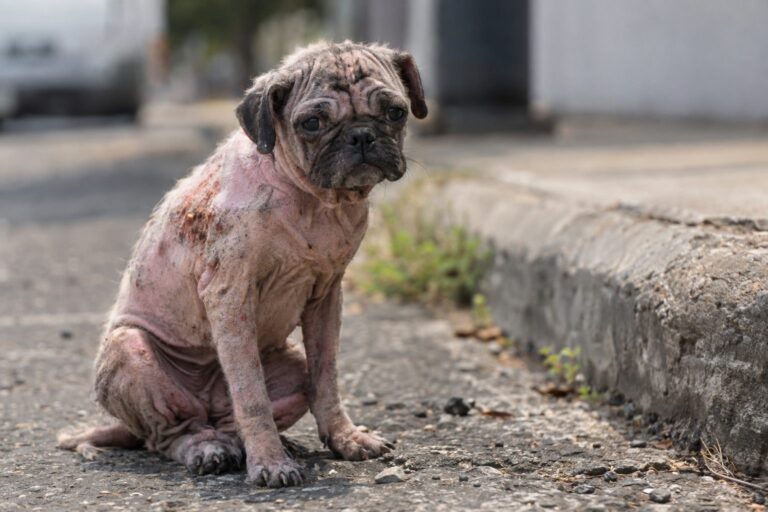 Un jeune Carlin (Pug) complètement chauve et affaibli, assis seul dans une rue urbaine d'Austin, Texas, montrant son état de malnutrition et de maladie