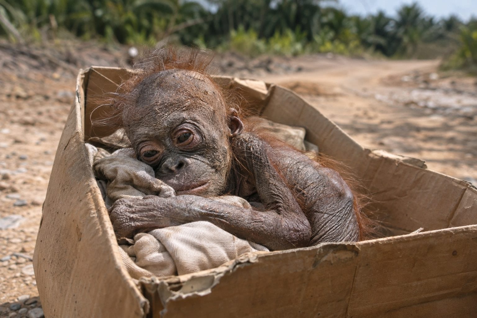 Bébé orang-outan Gito retrouvé déshydraté et momifié dans une boîte en carton au bord d'une route de Bornéo