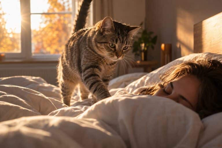 Un chat domestique (Felis catus) réveillant son propriétaire au petit matin en octobre, en sautant sur le lit