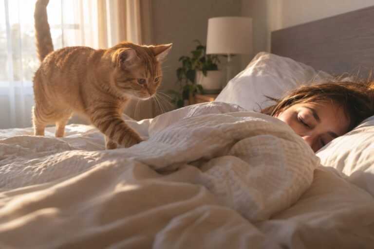 Un chat domestique réveillant son propriétaire au petit matin en sautant sur le lit