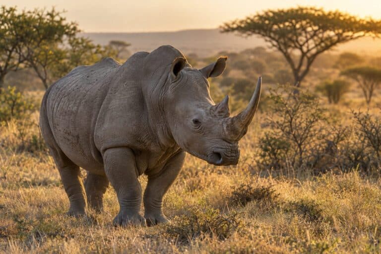 Un rhinocéros blanc ou noir dans la savane du parc Kruger, en Afrique du Sud