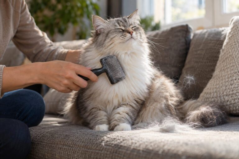 Chat domestique se faisant brosser par son propriétaire sur un canapé, avec des poils visibles autour