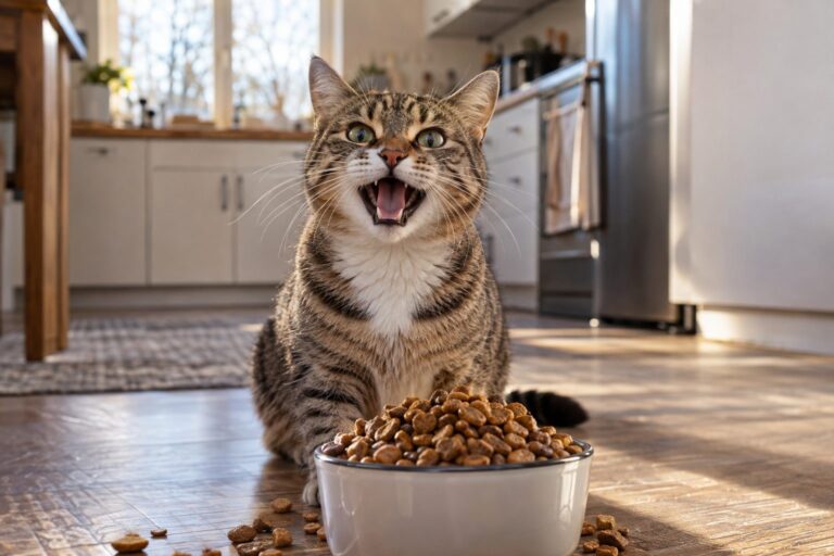 Chat gris tabby assis devant sa gamelle pleine de croquettes, miaulant la bouche ouverte, dans une cuisine domestique lumineuse