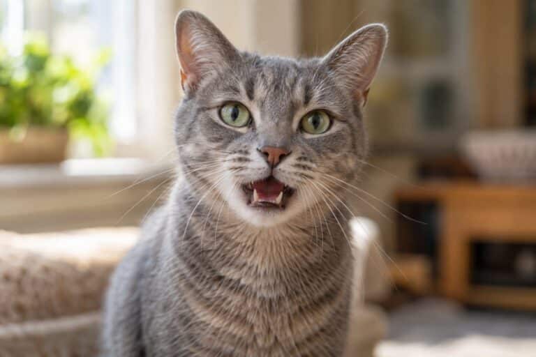 Un chat gris domestique (Felis catus) en gros plan frontal, bouche légèrement ouverte au moment d'un miaulement, avec une expression faciale interrogative ou préoccupée