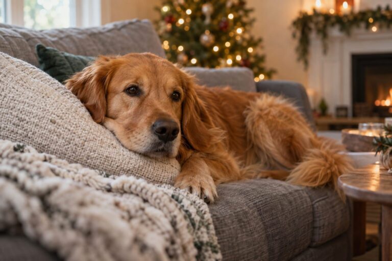 Un chien allongé confortablement sur un canapé gris dans un salon lumineux pendant les fêtes de fin d'année, avec des guirlandes visibles en arrière-plan, exprimant une apparence de bien-être apparent