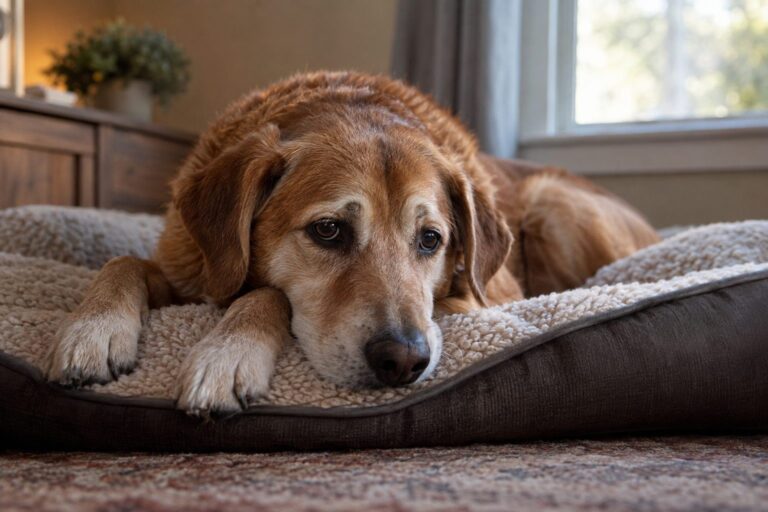 Un chien triste allongé seul sur son lit, regard mélancolique et abattu