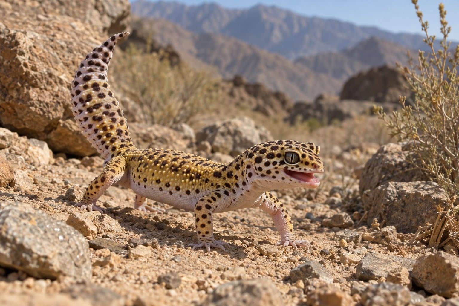 Gecko léopard en position naturelle sur le sol, la queue levée et agitée, montrant son comportement de communication