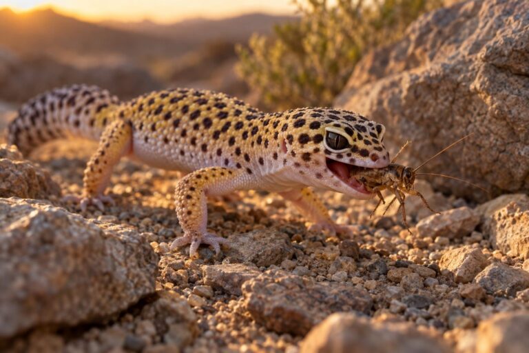 Gecko léopard en train de chasser et dévorer un insecte, montrant son régime alimentaire