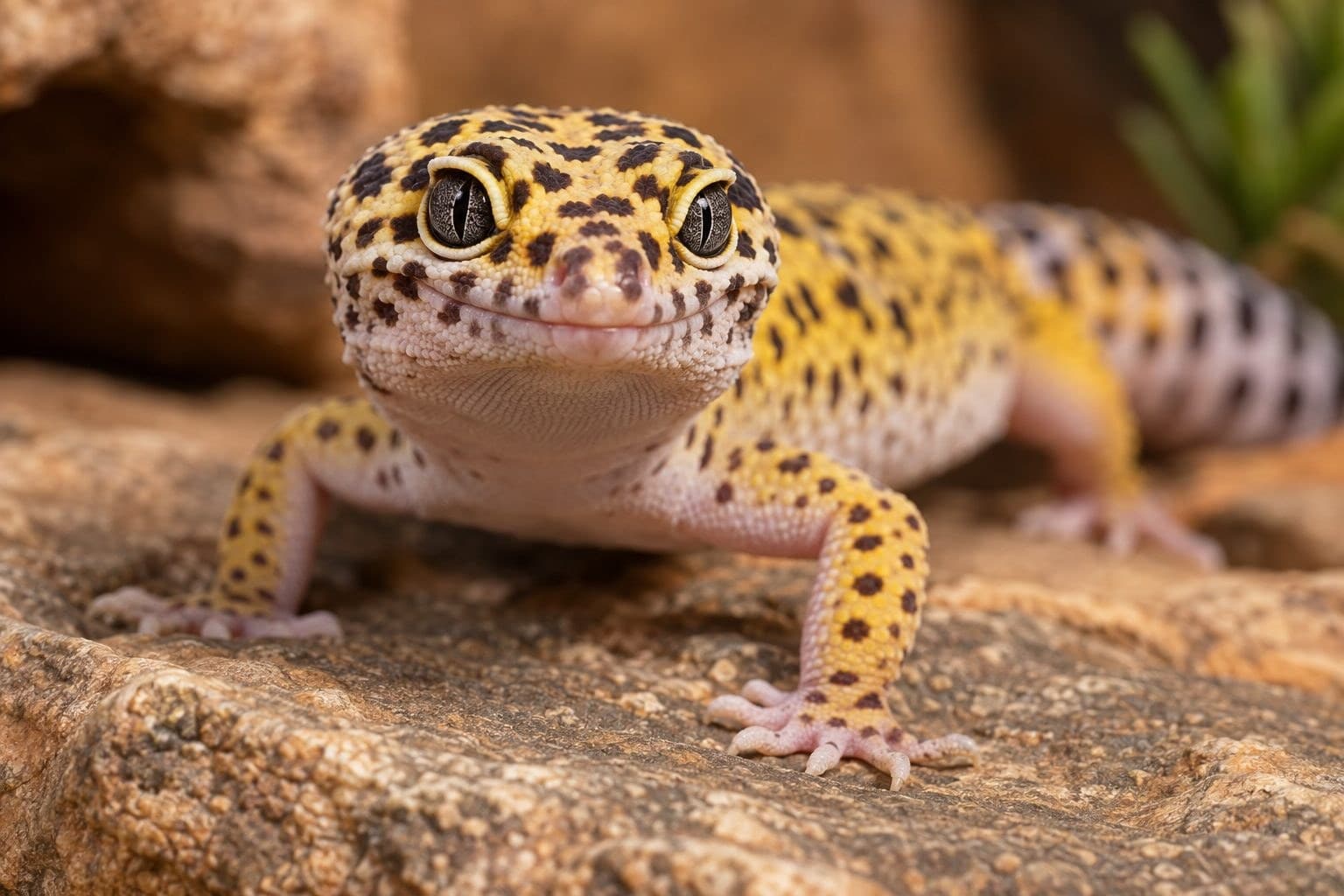 Gecko léopard de face en gros plan, montrant ses yeux expressifs et ses taches caractéristiques