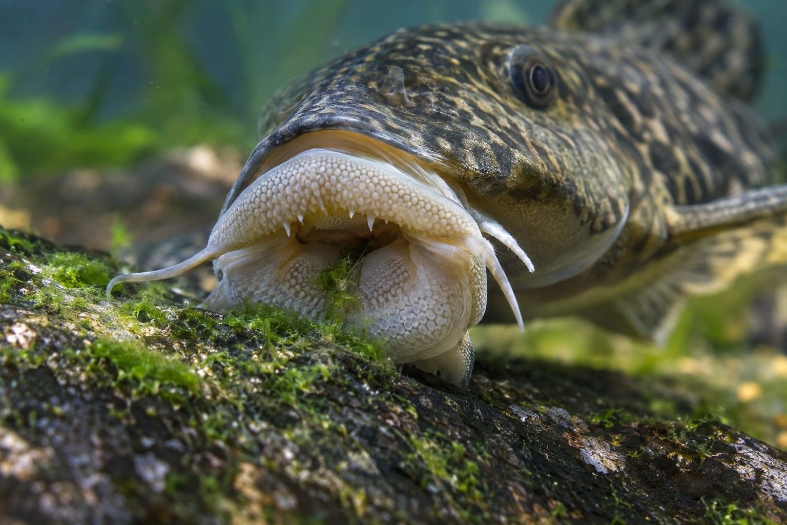 Gros plan de la bouche inférieure d'un poisson nettoyeur avec ses barbillons caractéristiques, en train de nettoyer une surface rocheuse couverte d'algues vertes dans un aquarium