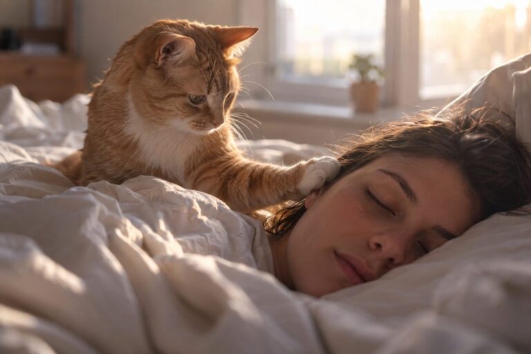 Un chat (Felis catus) réveillant son propriétaire au lit à l'aube, en gros plan sur le visage du dormeur
