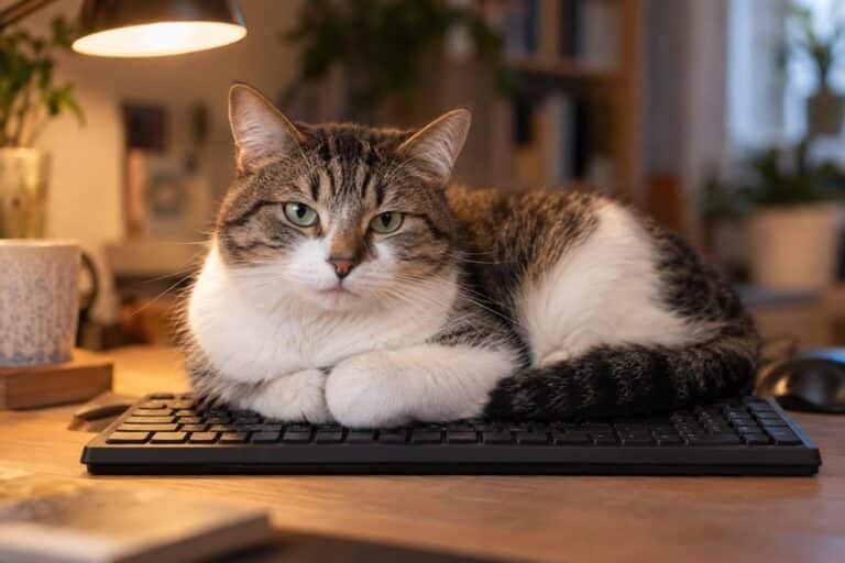 Un chat domestique allongé sur un clavier d'ordinateur, observant son propriétaire avec une expression énigmatique
