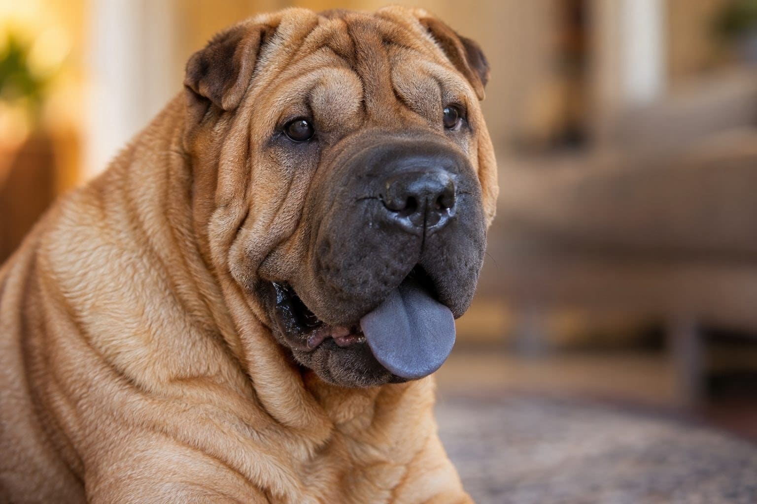 Gros plan de la tête d'un Shar-Pei adulte montrant sa langue bleue caractéristique