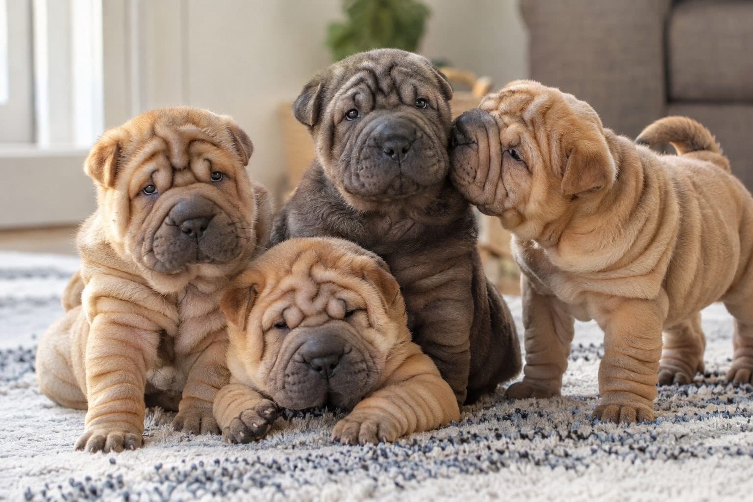 Portée de chiots Shar-Pei très ridés ensemble dans un environnement intérieur
