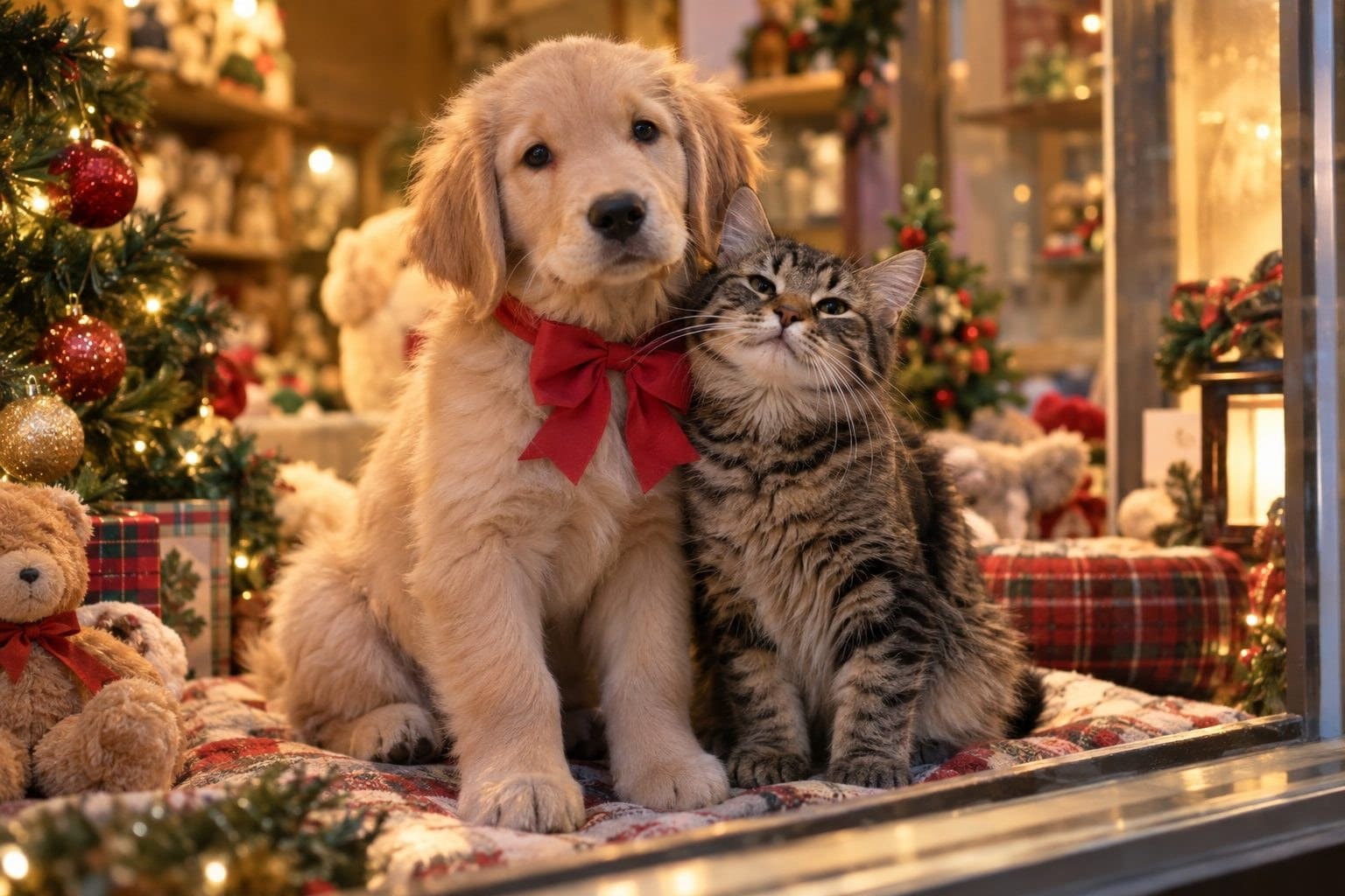 Un chiot avec un nœud rouge et un chaton ronronnant dans une vitrine d'animalerie à Noël, vus de près
