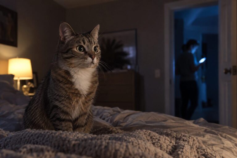 Chat assis sur un lit en fin de soirée, regardant anxieusement la porte de la chambre illuminée par la lumière bleue d'un écran de smartphone en arrière-plan