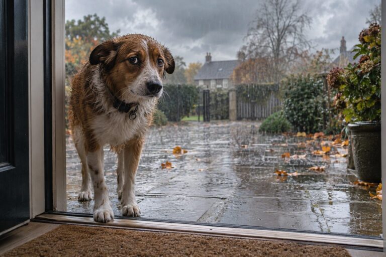 Un chien mouillé hésitant devant une porte ouverte sous la pluie d'automne