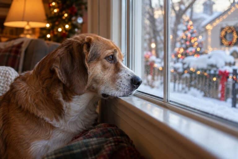 Un chien triste regardant par la fenêtre d'un appartement en hiver, avec des lumières de Noël visibles dehors