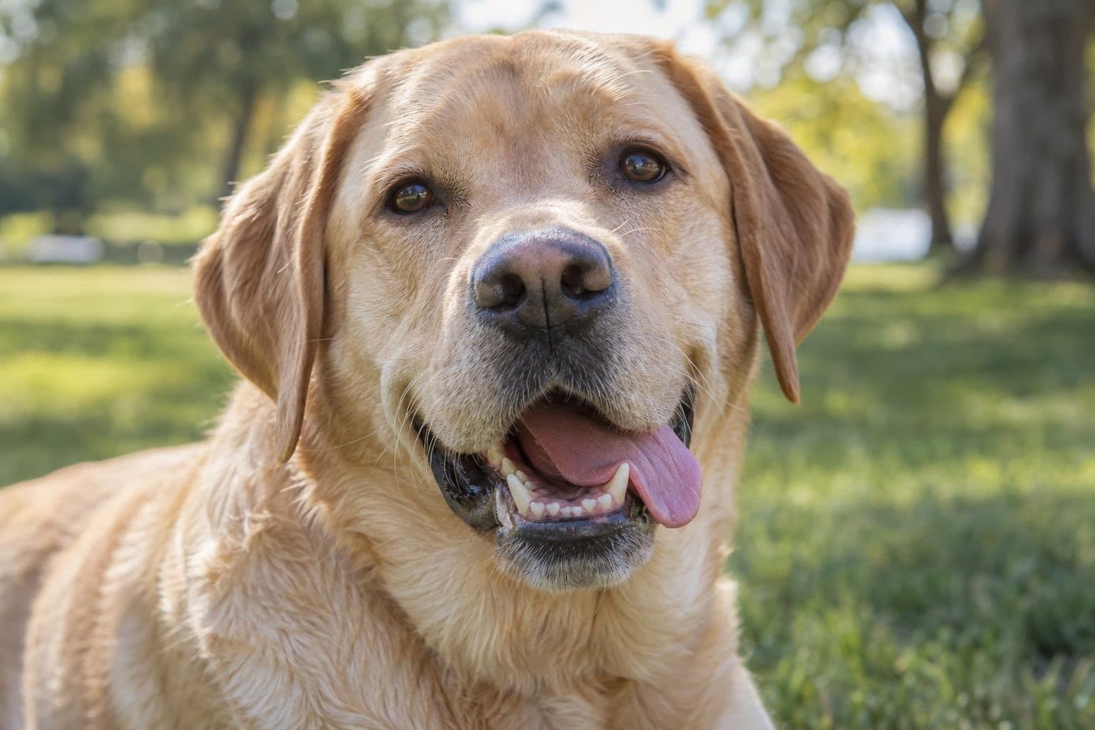 Gros plan du visage d'un chien Labrador affichant une gueule entrouverte avec dents découvertes et langue pendante, dans un parc ensoleillé