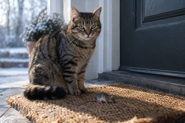 Un chat gris tabby déposant une souris morte sur un paillasson en jute devant une porte d'entrée, lumière matinale hivernale