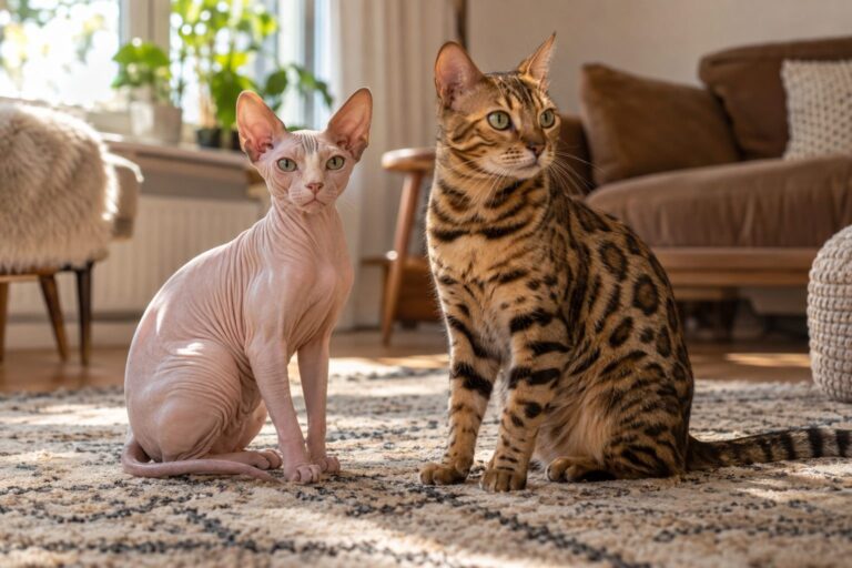 Un chat Sphynx et un chat Bengal côte à côte en intérieur, contrastant par leur morphologie et leur pelage