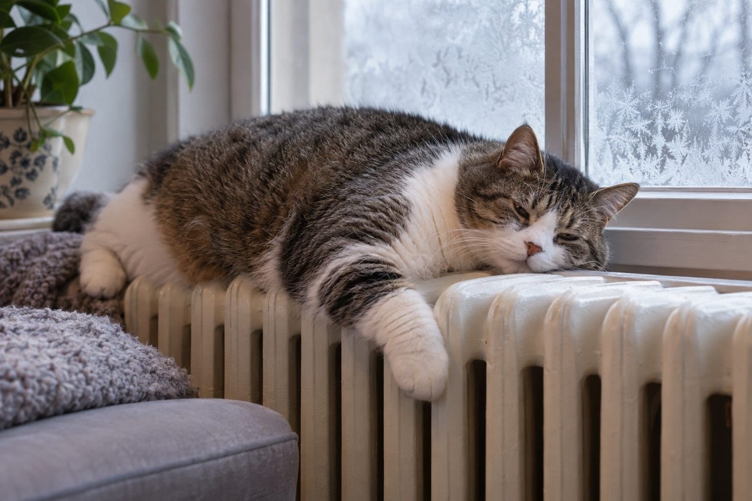 Un chat domestique en surpoids allongé paresseusement sur un radiateur près d'une fenêtre en janvier, regard somnolent