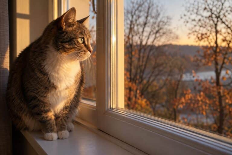 Chat assis sur un rebord de fenêtre ensoleillé en automne, observant l'extérieur avec attention