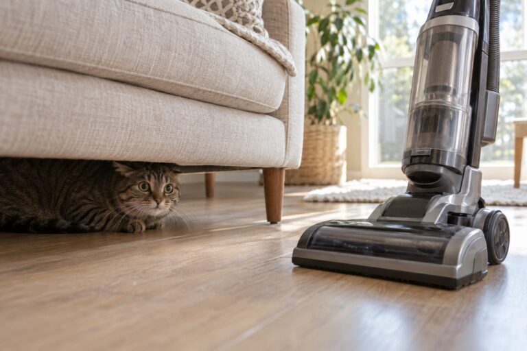 Un chat gris effrayé se cachant sous un canapé beige dans un salon lumineux, avec un aspirateur visible au premier plan, oreilles rabattues et yeux écarquillés d'anxiété