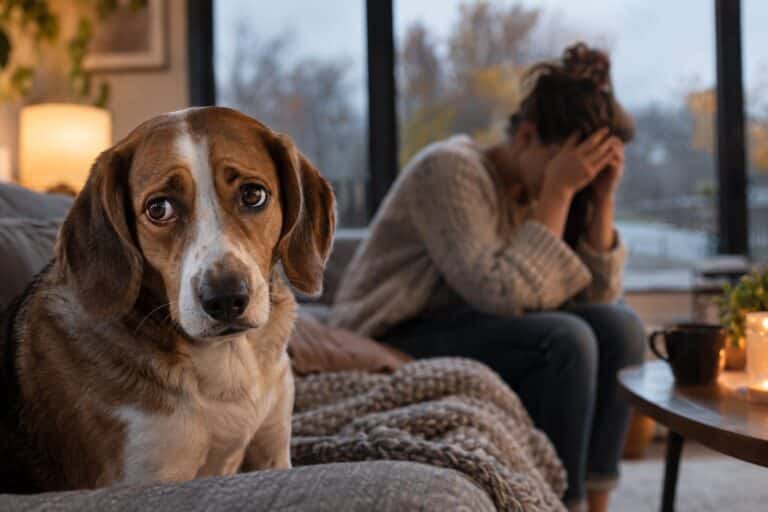 Un chien aux oreilles baissées et à l'expression anxieuse assis près de son maître stressé en arrière-plan, dans un intérieur moderne pendant une journée grise d'automne